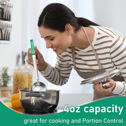 16 Pcs Portion Control Serving Spoons, Restaurant Measuring Serving Ladle Utensils, Portion Control Slotted Scoops for Weight Loss, Solid and Perforated Scoops(Green,4 oz)