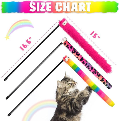 3 Pack Cat Wand Toy, Rainbow Cat Feather Toys with Bells, Teaser Wand with Soft Furry Tail, Interactive Toys for Indoor Cats & Kitten & Kitty