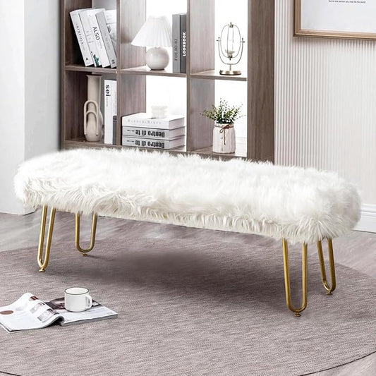 42.5Inch White Bedroom Bench, Benches for Bedroom White Faux Fur Upholstered Bed end Bench, Tufting Bench Indoor Bench with Metal Legs for Living Room Bedroom Dining Room Entryway