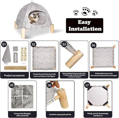 2-in-1 Elevated Cat Tent Cat House, Quick Assembly and Disassembly, Portable Indoor/Outdoor Cute Cat Bed Cave-White Diamond Pattern