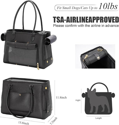 Fashion Pet Carrier Purse for Small Cat and Dog, Luxury Pu Soft-Sided Tote Bag with Large Pockets for Dogs and Puppies (Black, 15.8" L x 7.5" W x 11.8" H)