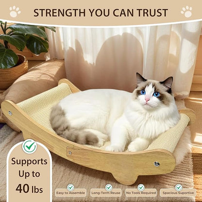 2-in-1 Sisal Cat Scratcher Bed for Indoor Large Cats – Hammock Lounge with Natural Sisal Pad, Wooden Cat Furniture for Scratching and Resting