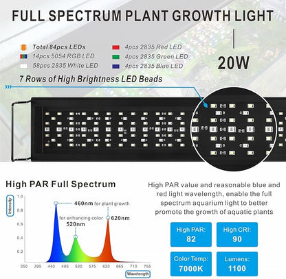 Advanced 7-Row LED Aquarium Light, Easy Setup Controller, Auto On Off Full Spectrum Fish Tank Light, 24/7 Lighting Cycle, 8 Colors, 10 Level Dimming, 20W for 12"-18" Freshwater Planted Tank