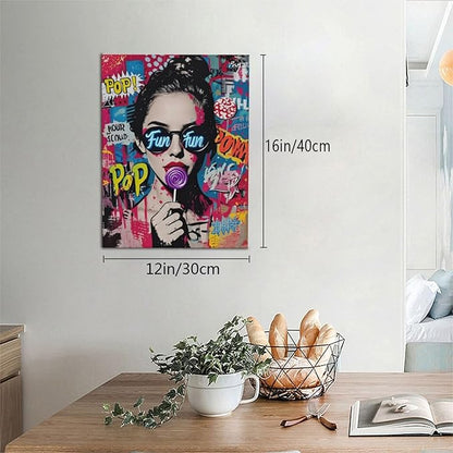Fashion Women Wall Art Glam Modern Artwork for Girls Banksy Street Graffiti Pop Art Canvas Pictures Painting Print Framed Decorations Gifts for Bedroom Living Room Office 12"x16"