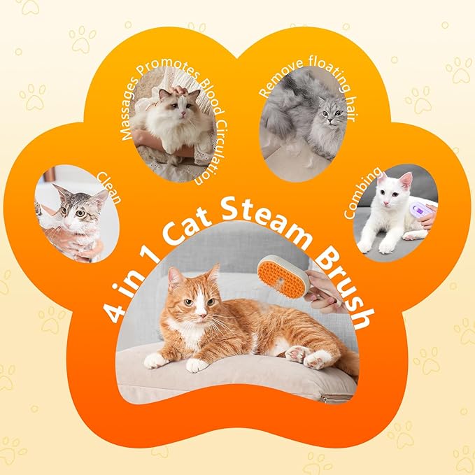 4-in-1 Cat Grooming Steam Brush, Pet Hair Shedding, Massage, Cleaning, Combing (white)