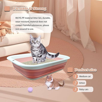 Foldable Cat Litter Box Open Potty Pan Portable Collapsible Cats Litter Boxs Travel Kitten Pan with Scoop Waterproof Low Entrance for Kitten and Easy Clean 17.7"×13.4"x4.9"(Pink)