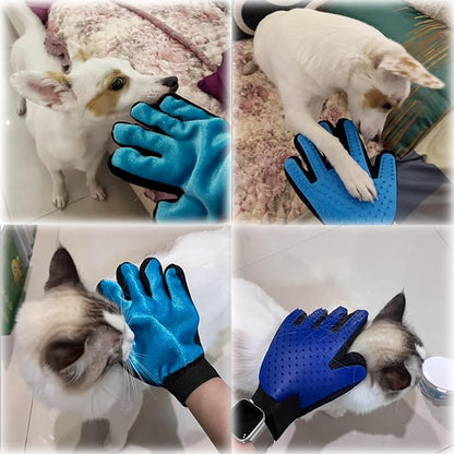 2 in 1 Cat Grooming Glove, Double-Sided Use Pet Hair Remover Glove, 1 Side is Gentle Grooming for Dogs, Cats, the Other is Effective Hair Remover for Furniture, Clothing (Light Blue, Right-Hand)