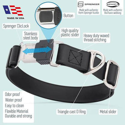 Dogline Biothane Waterproof Dog Collar with Herm Sprenger Stainless Steel Quick Release Buckle – Heavy Duty Tactical Durable Collar for Dogs – Comfortable and Safe Pet Collar, W 1" L 15-25", Black