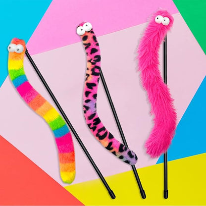 3 Pack Cat Wand Toy, Rainbow Cat Feather Toys with Bells, Teaser Wand with Soft Furry Tail, Interactive Toys for Indoor Cats & Kitten & Kitty