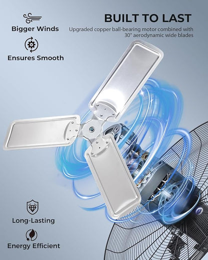 30 inch Wall Mount Fan Oscillating, 3-Speed 8850 CFM High Velocity Industrial Wall Mounted Fan, Heavy Duty Air Circulator for Garage, Shop, Gym, Workshop, Covered Patio - UL Listed