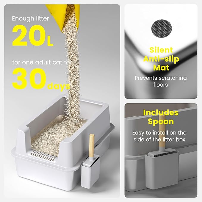 2 Pack Stainless Steel Cat Litter Box - Enclosed XL Metal Kitty Litter Box with Lid for Big Cats, High Sided, Anti-Leakage, Easy Cleaning, Non-Sticky, Included Cat Litter Spoon