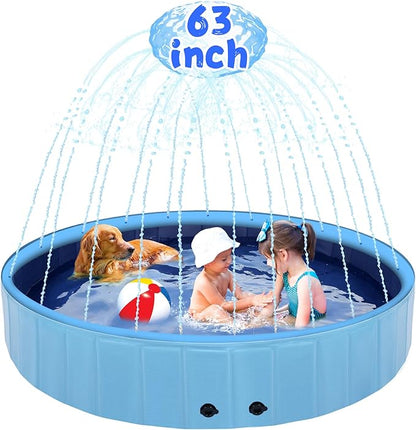 63" Large Dog Pool with Sprinkler, 2-in-1 Foldable Swimming Pool Non-Slip Hard Plastic Splash Sprinkler Kiddie Pool for Outdoor Backyard Kids Dogs Ducks and Pet Baths