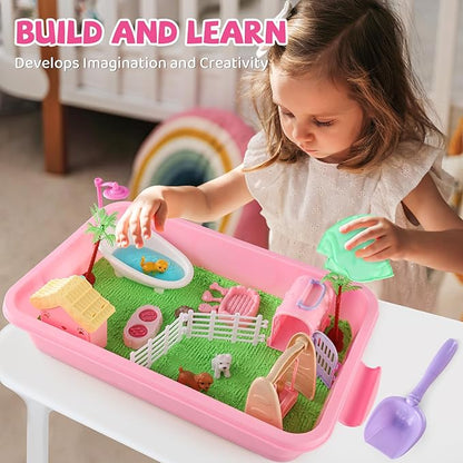 21 PCS Pet Sensory Bin, Dog & Cat Sandbox with Sand & Box, Play Sand Art Toys Kit, Pet Care Play Set, Beach Toys for Kids Ages 4-8, Birthday Gift Girls Boys 3 4 5 6 7 Years Old