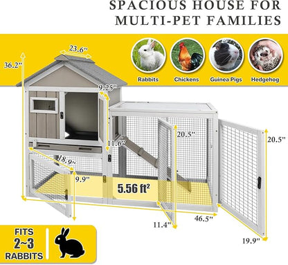 94''L Rabbit Hutch Outdoor Chicken Coop with Run, Wooden Indoor 2 Story Bunny House with Waterproof Roof, Pull Out Tray, Guinea Pig Rabbit Duck Cage for Small to Medium Animals and Pet Lover, Gray