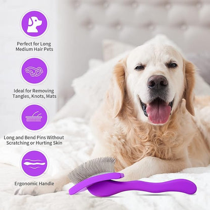 Dog Slicker Brush for Shedding and Grooming Medium or Long Haired Cats, Extra Long & Soft Pin Slicker Brush for Removes Loose Hair, Tangles, Knots, Undercoat, Free Pet Comb, Large Purple