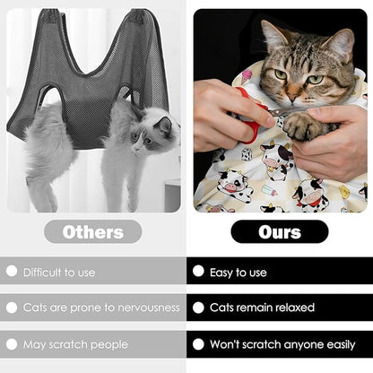 27.6" Cat Grooming Wrap, Self Adhesive Cat Wrap for Cutting Nails, Anti-Escape Calming Cat Swaddle Wrap for Medicine Ear Cleaning, Cartoon Cow Anti-Scratch Cats Burrito Restraint Blanket, Pet Tool