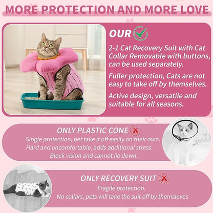 EMUST 2PCS Cat Recovery Suit and Cone Collar - Female, Breathable Cotton, Adjustable Soft E Collar Alternative for Cats 8-16lb (Pink, L)