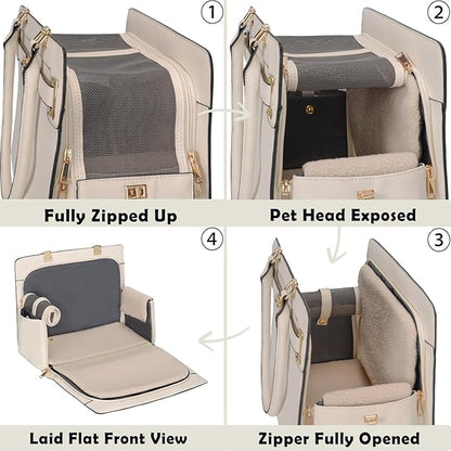 2-in-1 Stylish Dog Purse Carrier Soft-Sided Carriers Travel Tote Bag for Small Dogs Cats, Fashion Foldable Pet Bag for Puppies Small Animals with Pockets (White, 15" L x 7.5" W x 12.2" H)