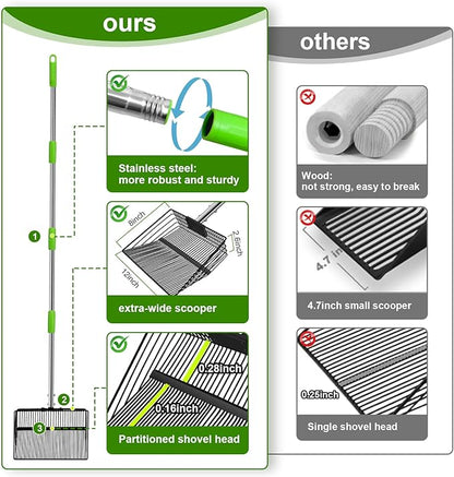 12inch Large Chicken Poop Scooper，2 Widths of Slots Litter Sifting Shovel （23 to 66"），Chicken Coop Litter Scoop with Stainless Steel Handle, 4 in 1 Multifunctional Heavy Duty Chicken Coop Accessories