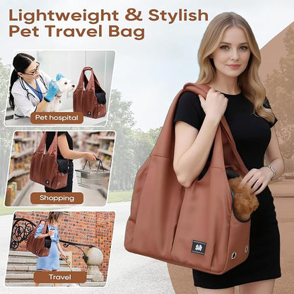 Dog Purse Carrier for Small Dogs, Cats, and Puppies – Soft-Sided Travel Pet Tote Bag with 4 Large Pockets, Foldable, Lightweight, Fits Pets up to 15 lbs, for Travel, Outings (Brown)