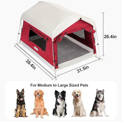 Dog Tent Cotton Fabric, Aluminum Poles and Camping Mat, Outdoor Weatherproof, Dog House Outdoor, Breathable with 2 Side Windows, Portable and Collapsible (Red, Large)