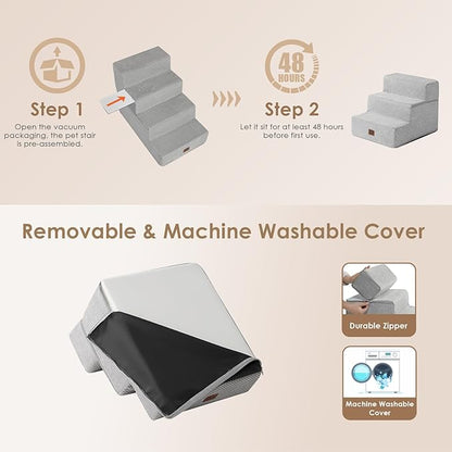 EHEYCIGA Dog Stairs for Small Dogs 13.5" H, 3-Step Dog Steps for Couch Sofa and Chair, Pet Steps for Medium Cats, Non-Slip Balanced Pet Ramp Indoor, Light Grey