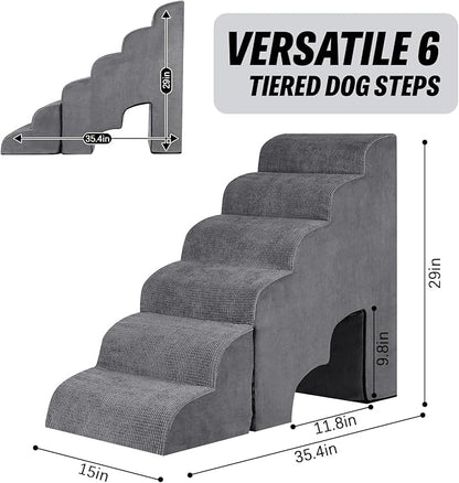 6 Step Dog Stairs&Steps 29 Inches Tall Up to 29-32 Inches High Bed, Dog Ramp Cat Stairs Pet Ladder for Small Medium Dogs, Doggie, Old Cats, Kitty, Grey