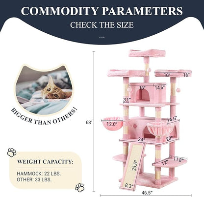 Allewie 68 Inches Cat Tree/House and Towers for Big Feline/Scratching Post/Multi-Level Large Kitty Climbing Tree with Condo/Pink