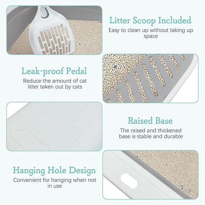 Fhiny Cat Litter Box Portable Shallow Litter Box 17.7"x13.4"x4.9" Foldable Cat Toilet with Scoop Open Kitty Potty Pan with Litter Drop Pedal Easy to Clean Travel Kitten Toilet(Gray)