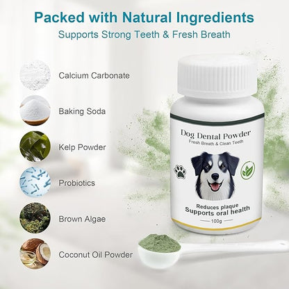 Dog Teeth Cleaning Powder 100g Fights Plaque & Tartar Freshens Breath All-Natural Ingredients for Dogs of All Breeds and Ages Easy to Use Dog Dental Powder