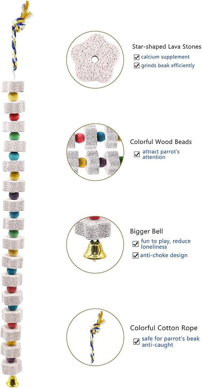 2 Pack 27 Inches Extra Long Bird Chewing Toy, Parrot Beak Grinding Calcium Stone with Bells, Bird Cage Accessories, Cage Toys for Cockatiel Parakeet Parrot Budgies Rat Hamster Rabbit African Grey
