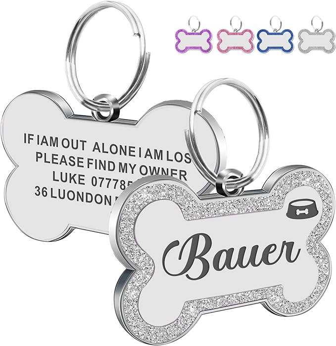 Dog Tags Personalized for Pets Dog Name Tags Personalized Dog Tag Engraved with Any Name & Text Custom Dog ID Tags Glitter Bone ID Tag for Puppy Cat (Silver S, Bone)