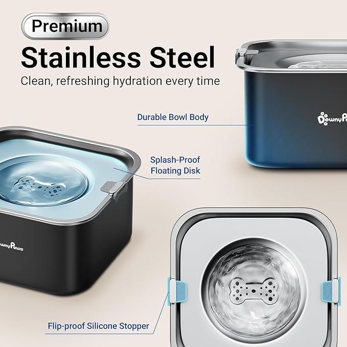 DownyPaws No Spill Water Bowl for Dogs,101oz/3L Slobber Stopper Stainless Steel, Slow Drinking Dog Water Bowl, No Mess Dog Water Dispenser Spill Proof, Dishwasher Safe, Black