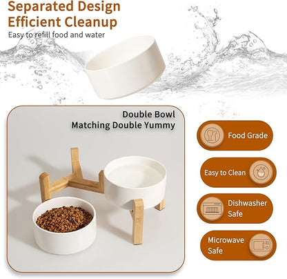 Elevated Ceramic Dog Bowl Set - Raised Dog Bowls with Non-Slip Bamboo Stand - Dog Food and Water Bowl Set - Double Dog Feeding Bowls - Suitable for Small and Medium Dogs - 28.74 OZ - 3.6 CUPS - 850 ML