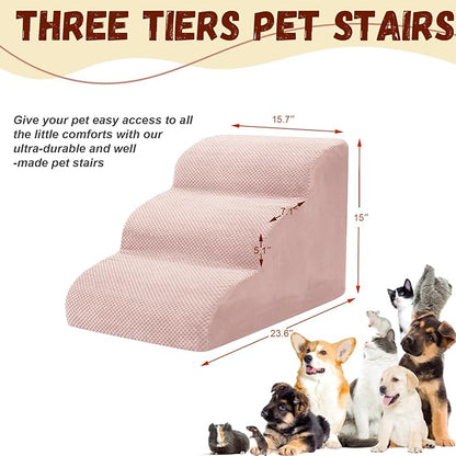Dog Stairs for Small Dogs - High Density Foam Pet Steps, Extra Wide Dog Ramp with Non-Slip Bottom for High Beds, Couch and Sofa, Best for Dogs Injured, Older Doggy Cats,3 Steps, Pink