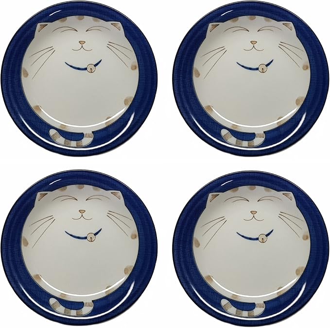 JapanBargain 2565, Set of 4 Japanese Round Porcelain Dinner Plate for Appetizer Dessert Cake Snack, Maneki Neko Smiling Lucky Cat Pattern for Cat Lovers, Made in Japan