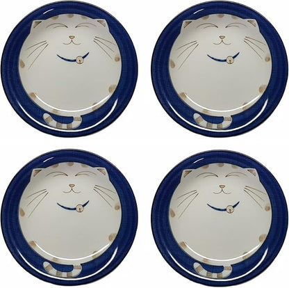 JapanBargain 2565, Set of 4 Japanese Round Porcelain Dinner Plate for Appetizer Dessert Cake Snack, Maneki Neko Smiling Lucky Cat Pattern for Cat Lovers, Made in Japan
