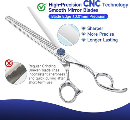 7.5'' Dog Grooming Scissors CNC 440C Blades Sharp and Durable Polished Chunker Dog Shears with Blue Diamond Adustable Screws Easy to Use for Groomer and Home User