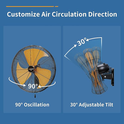 20 Inch Industrial Wall Mount Fan - 6000CFM High Velocity, Heavy Duty Metal Construction, 3 Speeds, Adjustable Tilt, Quiet Operation - Ideal for Garage, Shop, Commercial Use