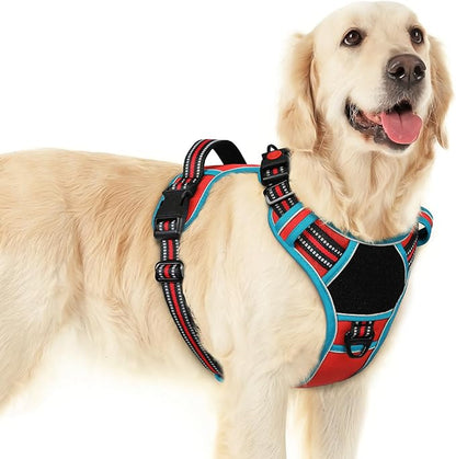 Eagloo Dog Harness for Large Dogs, Easy Wearing with 3 Buckles, Adjustable No Pull Pet Harness with 2 Rings for Walking, No Chock Reflective Soft Padded Vest with Control Handle, Red & Teal, L