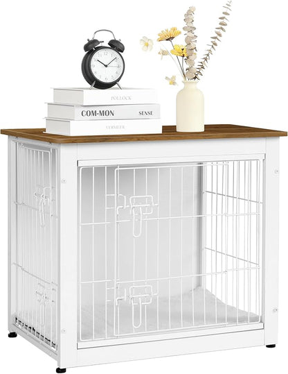 DWANTON Dog Crate Furniture with Cushion, Wooden Kennel Table with Double Doors, Indoor Dog House, Small/Medium/Large Size, 27.2" L, White+Warm Brown