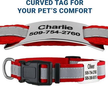 GoTags Reflective Personalized Dog Collar with Nameplate, Adjustable Dog Collar with Custom Engraved Steel Slide On Pet ID Tag, Silent, No Noise Dog Tag for Large Medium or Small (Red, Medium)