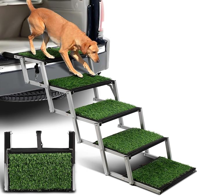 Extra Wide Dog Stairs for Car, Portable Folding Dog Steps for Large Dogs with Non-Slip Grass Rug for Cars, SUV, Trucks, Lightweight Pet Ramps Supports Up to 200 lb, 5 Steps
