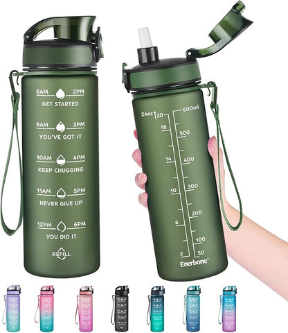 Enerbone Water Bottle, Leakproof BPA & Toxic Free, Motivational Water Bottle with Times to Drink and Straw, Fitness Sports Water Bottle with Strap for Office, Gym, Outdoor Sports