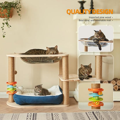 2 Tier Cat Tower,21.85 in cat Perch Wood cat condo with Hammock and Sisal Rope Scratcher Post Hanging Toy Balls for Indoor Large Cats Kittens (Blue)