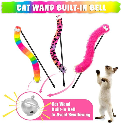 3 Pack Cat Wand Toy, Rainbow Cat Feather Toys with Bells, Teaser Wand with Soft Furry Tail, Interactive Toys for Indoor Cats & Kitten & Kitty