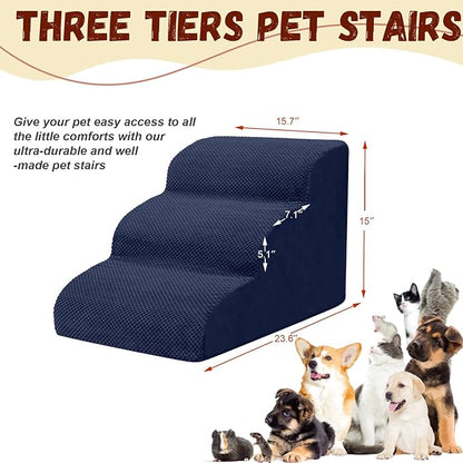 Dog Stairs for Small Dogs - High Density Foam Pet Steps, Extra Wide Dog Ramp with Non-Slip Bottom for High Beds, Couch and Sofa, Best for Dogs Injured, Older Doggy Cats, 3 Steps, Navy