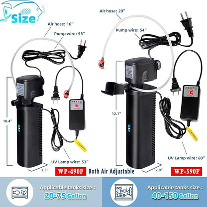 Aquarium Filter U-V w/Scientific 3,6,12,24H Timer 200GPH for 20-75Gal Fish Turtle Tank Bio Sponge Internal Filter Power Pump Deodorization Saltwater Freshwater Killing Green Clean Machine Air Supply