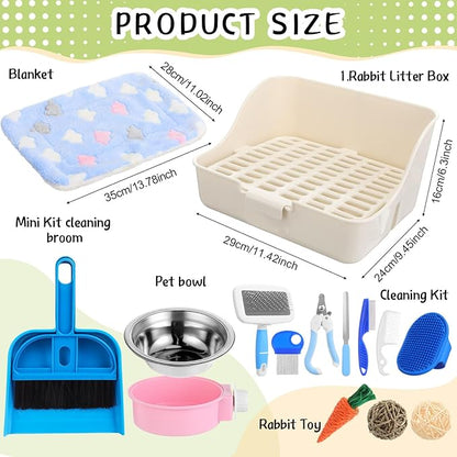 15 Pcs Rabbit Starter Kit Small Rabbit Litter Box Animal Grooming Kit Bunny Toys Bowl Blankets with Cleaning Set for Guinea Pig Accessories(Multicolor)