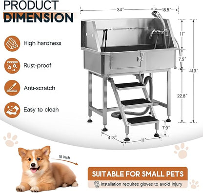 Albott 34 Inch Stainless Steel Dog Washing Station with Non-Slip Steps, Sprayer, Faucet, Tow Rope – Professional Pet Bathtub for Small Dogs, Great for Home, Garage, Salon (Left Door)